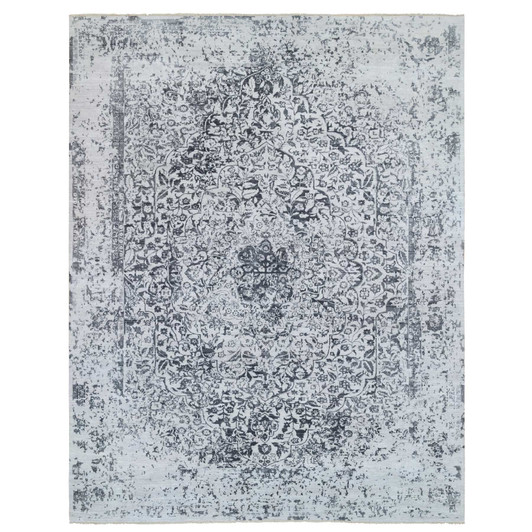 Transitional Wool & Silk Hand Knotted Rug Grey Gray 14.2X18.0 -O064083