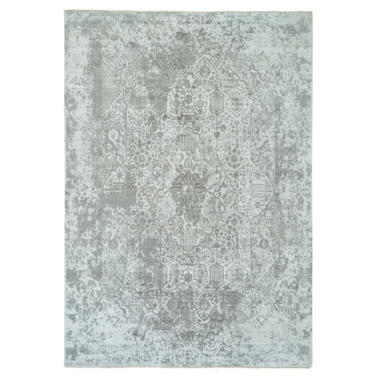 Transitional Wool & Silk Hand Knotted Rug Grey No Border 12.1X17.10 -O065875
