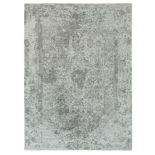 Transitional Wool & Silk Hand Knotted Rug Grey No Border 8.11X11.11 -O065873