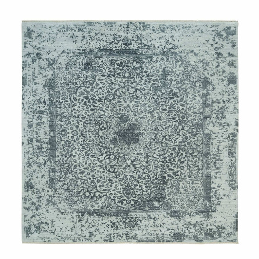 Transitional Wool & Silk Hand Knotted Rug Grey No Border 9.10X10.1 -O090134