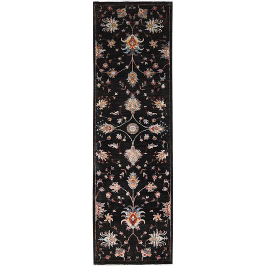 Tribal & Geometric Wool Hand Knotted Rug Black Black 2.5X8.3 -O086901