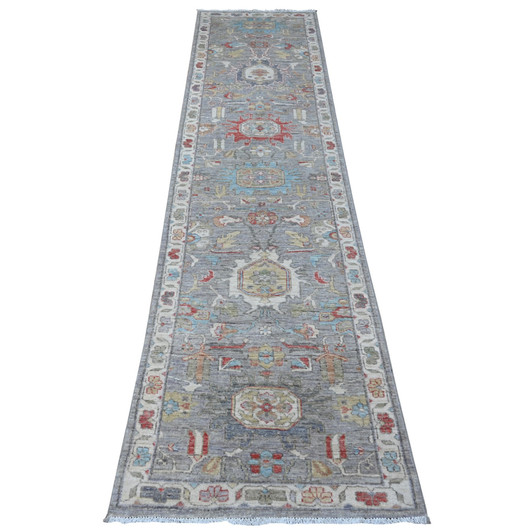 Tribal & Geometric Wool Hand Knotted Rug Black Ivory 2.5X9.9 -O088902