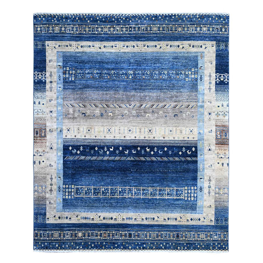 Tribal & Geometric Wool Hand Knotted Rug Blue Gray 7.11X9.7 -O088787