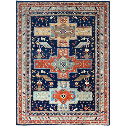 Tribal & Geometric Wool Hand Knotted Rug Blue Gray 9.10X13.7 -O0144
