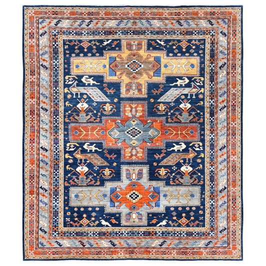 Tribal & Geometric Wool Hand Knotted Rug Blue Gray 9.1X11.7 -O082031