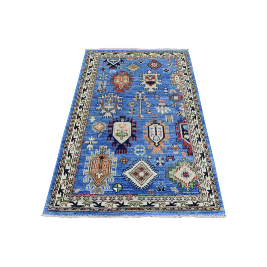 Tribal & Geometric Wool Hand Knotted Rug Blue Ivory 3.7X5.4 -O072413