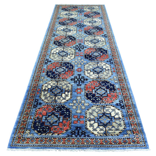 Tribal & Geometric Wool Hand Knotted Rug Blue Ivory 4.0X11.8 -O073016