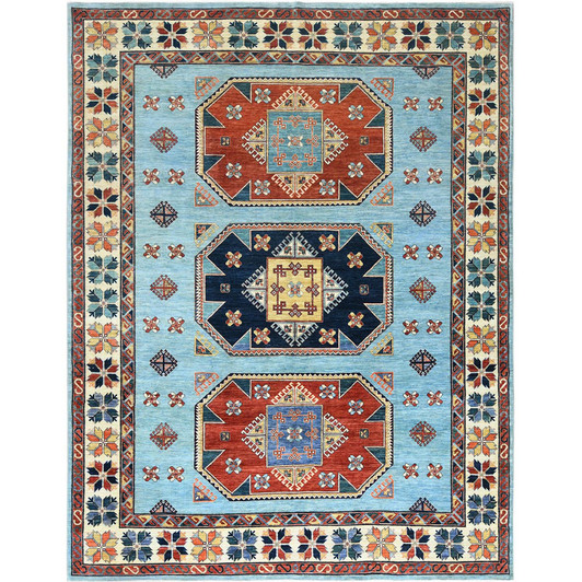 Tribal & Geometric Wool Hand Knotted Rug Blue Ivory 9.0X11.8 -O085034