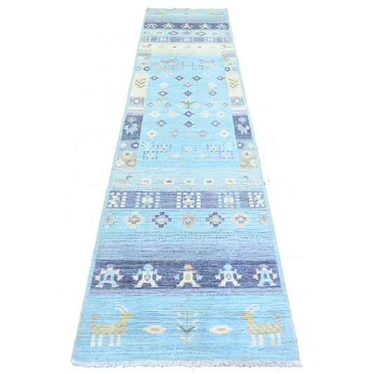Tribal & Geometric Wool Hand Knotted Rug Blue Light Blue 2.8X10.11 -O074690