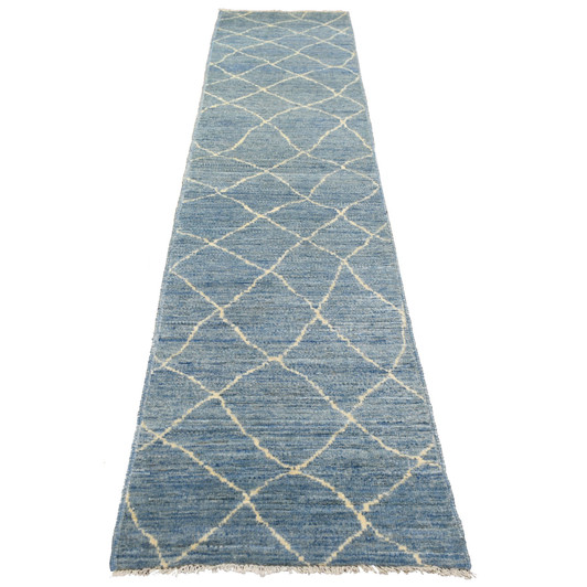 Tribal & Geometric Wool Hand Knotted Rug Blue No Border 2.6X11.2 -O071222