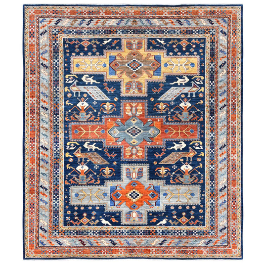 Tribal & Geometric Wool Hand Knotted Rug Blue Red 8.4X9.7 -O082030