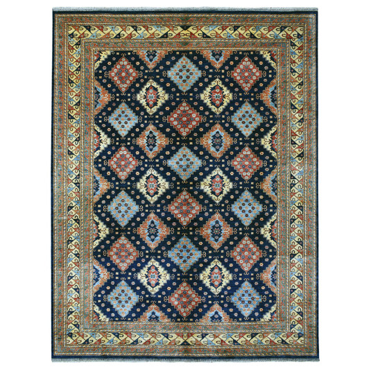 Tribal & Geometric Wool Hand Knotted Rug Blue Yellow 10.1X13.3 -O056521