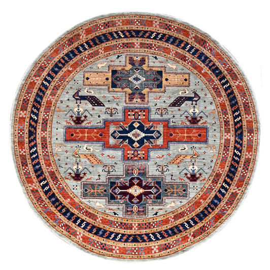 Tribal & Geometric Wool Hand Knotted Rug Grey Blue 7.10X8.0 -O086412