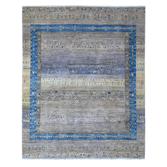 Tribal & Geometric Wool Hand Knotted Rug Grey Blue 7.10X9.9 -O088788