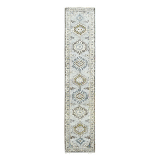 Tribal & Geometric Wool Hand Knotted Rug Grey Ivory 2.8X14.1 -O084830