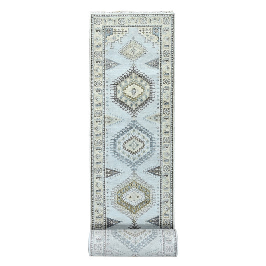 Tribal & Geometric Wool Hand Knotted Rug Grey Ivory 2.9X21.9 -O010077