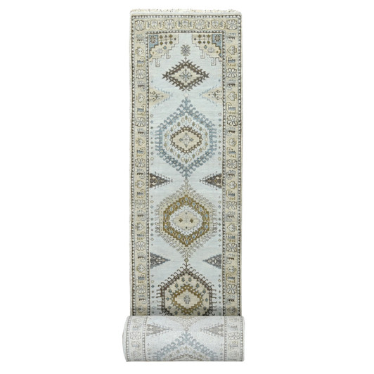 Tribal & Geometric Wool Hand Knotted Rug Grey Ivory 2.9X29.10 -O084831