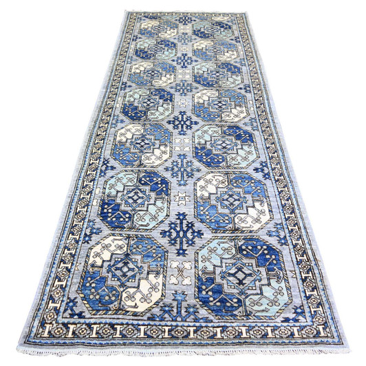 Tribal & Geometric Wool Hand Knotted Rug Grey Ivory 4.0X10.1 -O073558