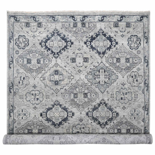 Tribal & Geometric Wool Hand Knotted Rug Grey Silver Gray 11.9X14.8 -O084022