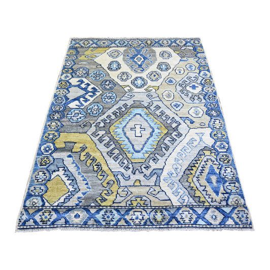 Tribal & Geometric Wool Hand Knotted Rug Ivory Blue 4.1X6.0 -O073267
