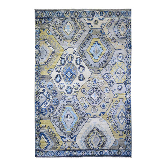 Tribal & Geometric Wool Hand Knotted Rug Ivory Blue 5.10X8.10 -O073260