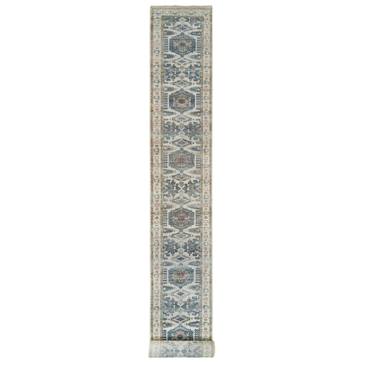 Tribal & Geometric Wool Hand Knotted Rug Ivory Floral White 2.7X21.7 -O065823