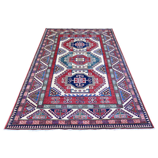 Tribal & Geometric Wool Hand Knotted Rug Ivory Red 5.9X8.0 -O074839