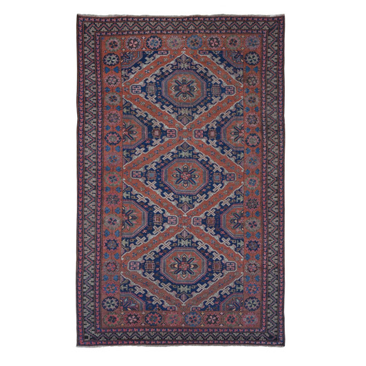 Tribal & Geometric Wool Hand Knotted Rug Red Midnight Blue 7.0X11.0 -O080599