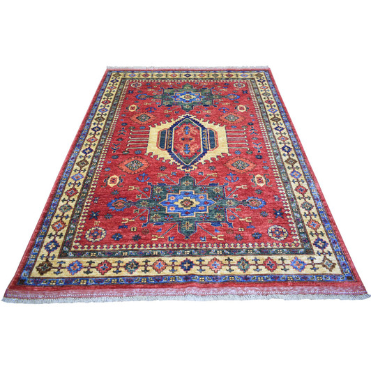 Tribal & Geometric Wool Hand Knotted Rug Red Yellow 5.7X7.7 -O070647