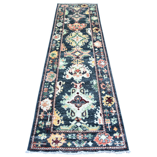 Oushak And Peshawar Wool Hand Knotted Rug Black 2.9x9.9 -O073656