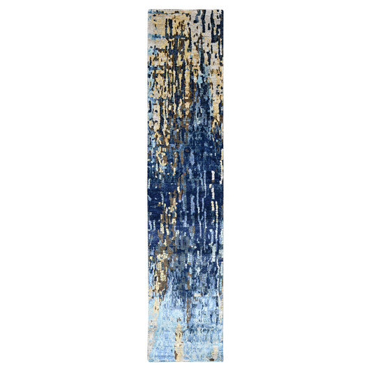 Modern and Contemporary Wool & Silk Hand Knotted Rug Blue 2.6x12.0 -O010101