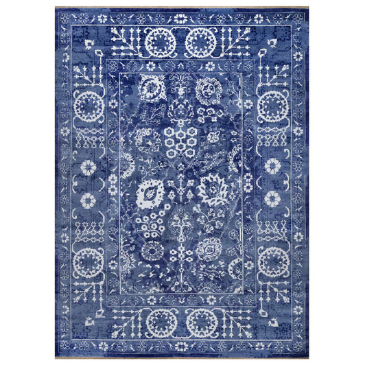 Transitional Wool & Silk Hand Knotted Rug Blue 9.0x12.0 -O091222
