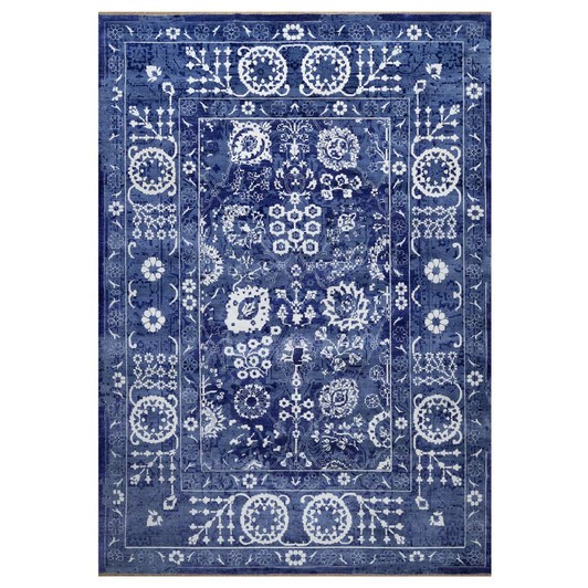 Transitional Wool & Silk Hand Knotted Rug Blue 9.10x14.0 -O091227