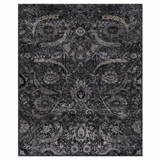 Transitional Wool & Silk Hand Knotted Rug Black 8.1x9.11 -O091169