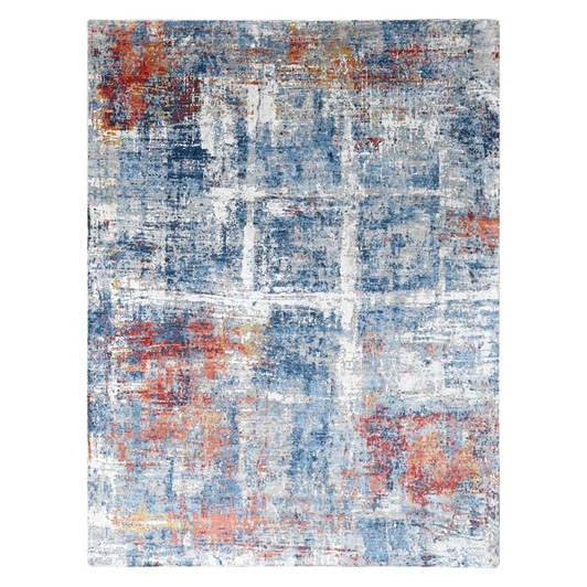 Modern and Contemporary Silk Hand Knotted Rug Blue 8.9x11.7 -O010213