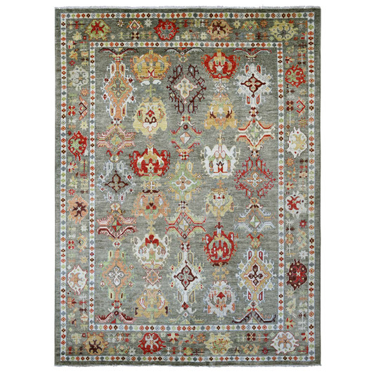 Oushak And Peshawar Wool Hand Knotted Rug Green 9.10x13.3 -O089859