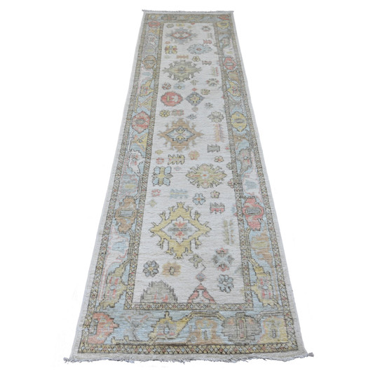 Oushak And Peshawar Wool Hand Knotted Rug Ivory 2.7x9.8 -O089902