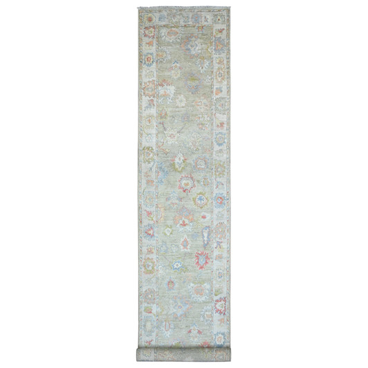 Oushak And Peshawar Wool Hand Knotted Rug Green 3.0x19.10 -O020031