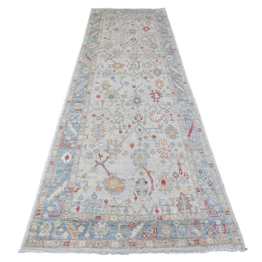 Oushak And Peshawar Wool Hand Knotted Rug Ivory 3.10x12.3 -O020074