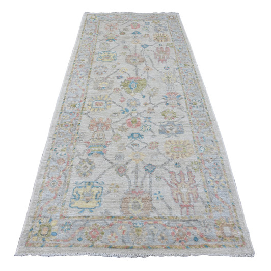 Oushak And Peshawar Wool Hand Knotted Rug Ivory 4.1x9.6 -O020076