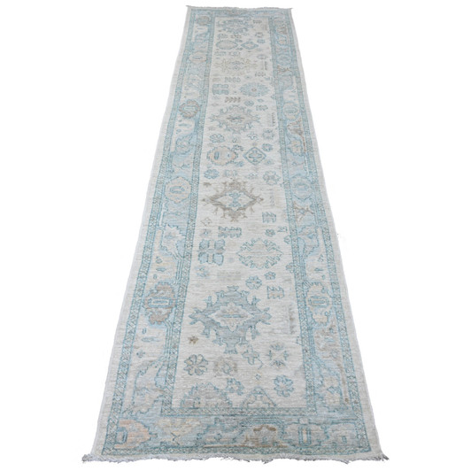 Oushak And Peshawar Wool Hand Knotted Rug Ivory 2.8x11.4 -O020300