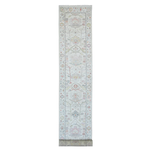 Oushak And Peshawar Wool Hand Knotted Rug Ivory 3.1x22.4 -O020408
