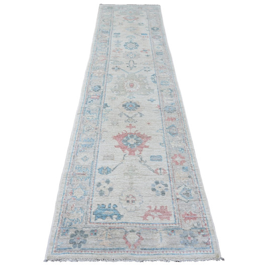 Oushak And Peshawar Wool Hand Knotted Rug Ivory 2.10x11.7 -O020475