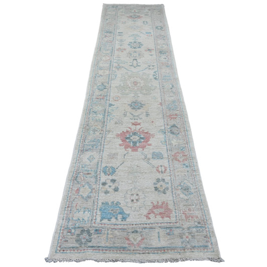 Oushak And Peshawar Wool Hand Knotted Rug Ivory 2.9x11.7 -O020814