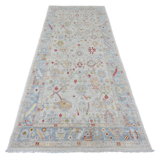 Oushak And Peshawar Wool Hand Knotted Rug Ivory 4.1x10.1 -O020877