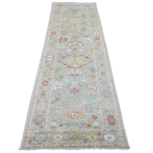 Oushak And Peshawar Wool Hand Knotted Rug Green 3.1x9.6 -O020988