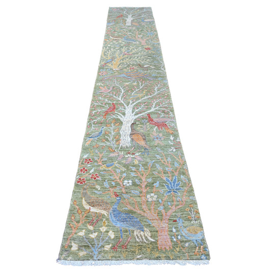 Oushak And Peshawar Wool Hand Knotted Rug Green 2.7x15.2 -O020436