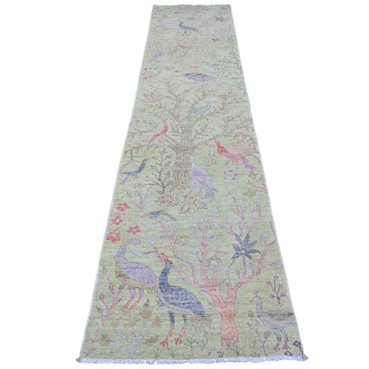 Oushak And Peshawar Wool Hand Knotted Rug Green 2.7x11.9 -O020640