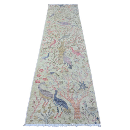 Oushak And Peshawar Wool Hand Knotted Rug Green 2.6x9.9 -O020644