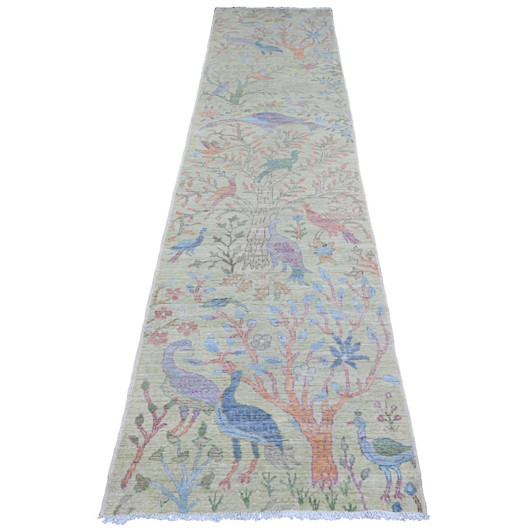 Oushak And Peshawar Wool Hand Knotted Rug Green 2.9x11.8 -O020858